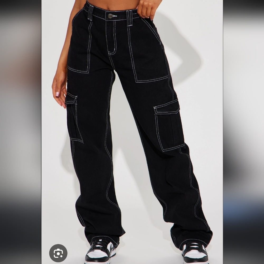 Unbranded Black Cargo Loose Fit Jeans With White Stitching Detail Sz Large